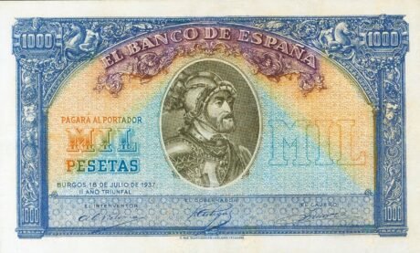 Аверс банкноты 1000 песет (Испания) 1937 года