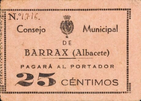 Аверс банкноты 25 centymów Barrax (Hiszpania)