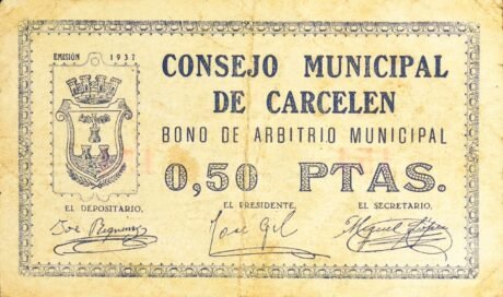Аверс банкноты 0,50 peset Carcelen (Hiszpania) 1937