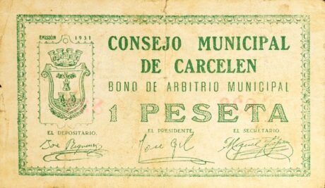 Аверс банкноты 1 peseta Carcelen (Spain) 1937