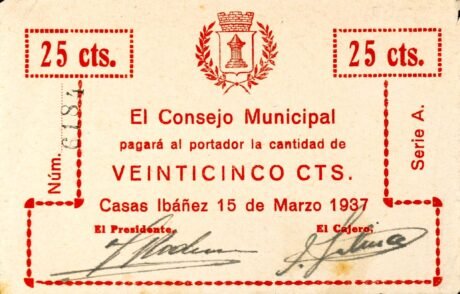 Awers banknotu 25 centymów Casas Ibáñez (Hiszpania) 1937