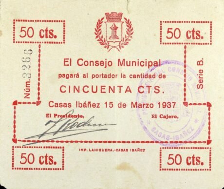 Аверс банкноты 50 сантимов Касас Ибаньес (Испания) 1937 года