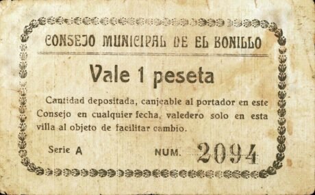Аверс банкноты 1 peseta El Bonillo (Spain)
