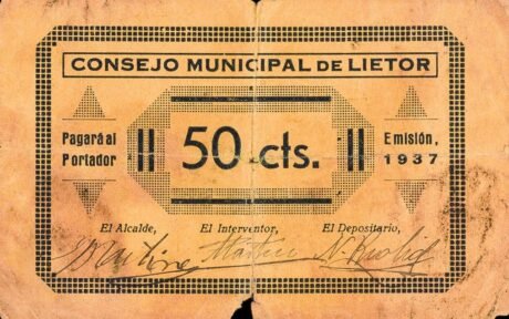 Аверс банкноты 50 centymów Lietor (Hiszpania) 1937