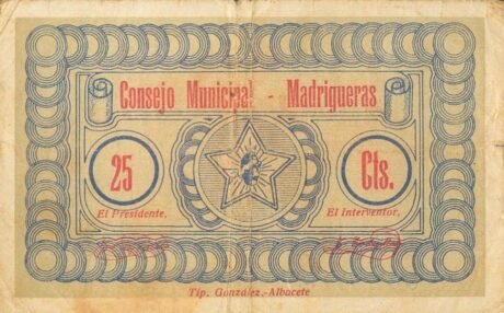 Аверс банкноты 25 сантимов Мадригерас (Испания)