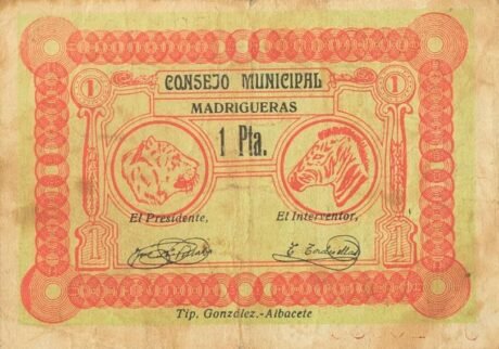 Аверс банкноты 1 песета Мадригерас (Испания)