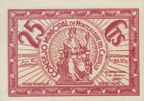 Аверс банкноты 25 сантимов Монтеалегре дель Кастильо (Испания)