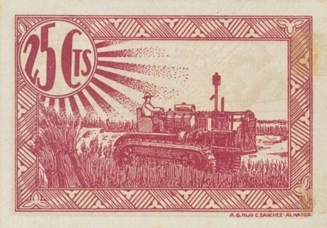 Реверс банкноты 25 сантимов Монтеалегре дель Кастильо (Испания)