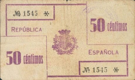 Реверс банкноты 50 сантимов Соково (Испания) 1937 года