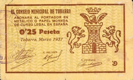 Аверс банкноты 0,25 pesety Tobarra (Hiszpania) 1937