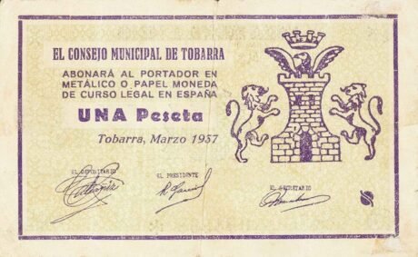 Аверс банкноты 1 peseta Tobarra (Spain) 1937