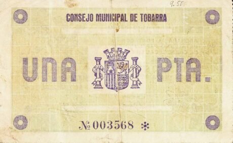 Реверс банкноты 1 peseta Tobarra (Spain) 1937