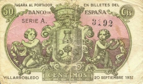 Реверс банкноты 50 сантимов Вильярробледо (Испания) 1937 года