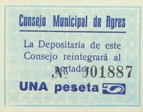 Аверс банкноты 1 песета Агрес (Испания)