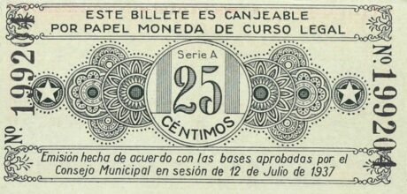 Реверс банкноты 25 centymów Alcoy (Hiszpania) 1937