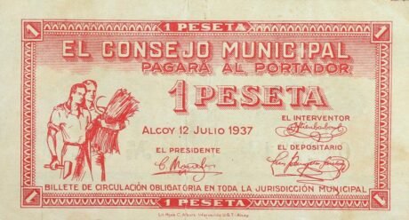 Аверс банкноты 1 peseta Alcoy (Spain) 1937