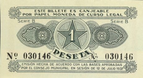 Реверс банкноты 1 peseta Alcoy (Spain) 1937