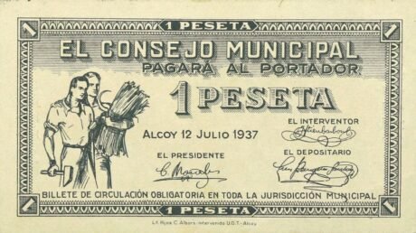 Аверс банкноты 1 peseta Alcoy (Spain) 1937