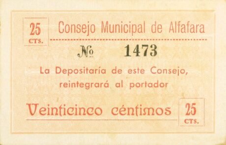 Аверс банкноты 25 centymów Alfafar (Hiszpania)