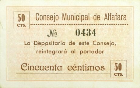 Аверс банкноты 50 сантимов Альфафара (Испания)