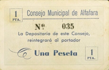 Аверс банкноты 1 peseta Alfafar (Spain)