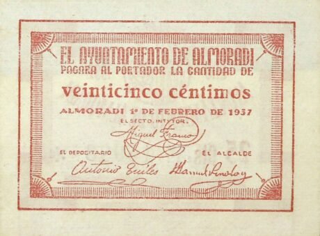 Аверс банкноты 25 сантимов Альморади (Испания) 1937 года