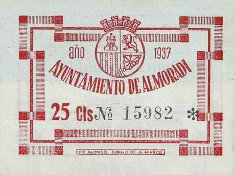 Реверс банкноты 25 сантимов Альморади (Испания) 1937 года