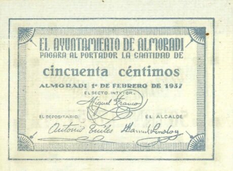 Аверс банкноты 50 сантимов Альморади (Испания) 1937 года