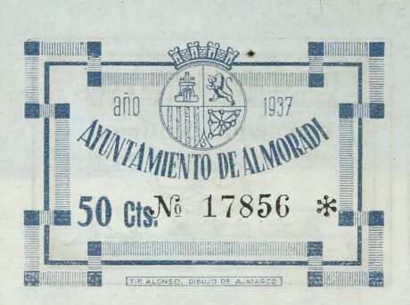 Реверс банкноты 50 сантимов Альморади (Испания) 1937 года