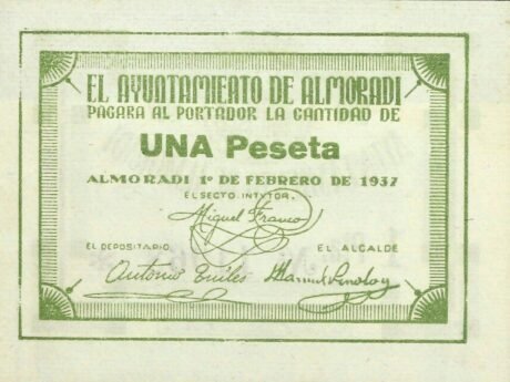 Аверс банкноты 1 песета Альморади (Испания) 1937 года