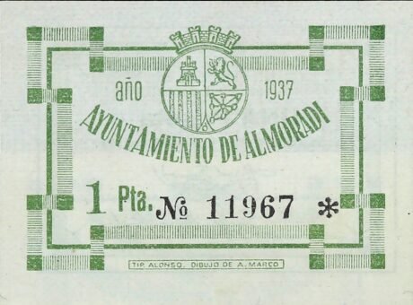 Реверс банкноты 1 песета Альморади (Испания) 1937 года