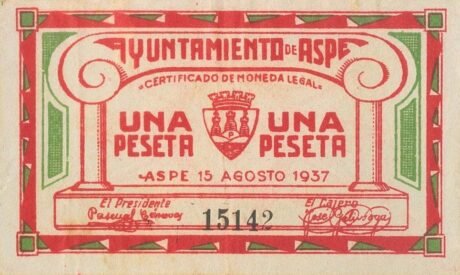 Аверс банкноты 1 peseta Aspe (Spain) 1937
