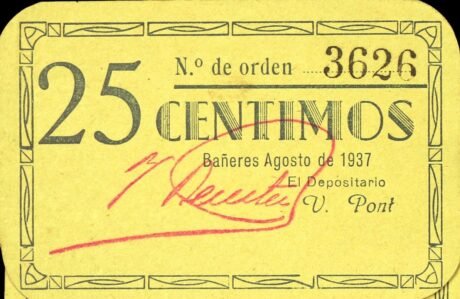 Аверс банкноты 25 centymów Banyeres (Hiszpania) 1937