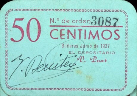 Аверс банкноты 50 сантимов Баньерес (Испания) 1937 года