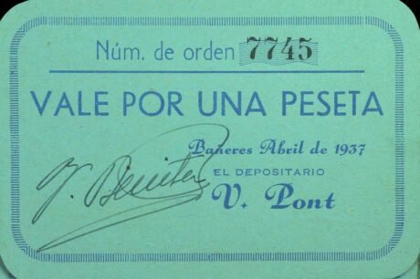 Аверс банкноты 1 песета Баньерес (Испания) 1937 года