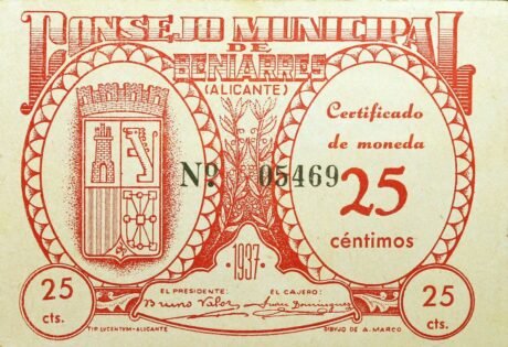 Аверс банкноты 25 centymów Beniarres (Hiszpania) 1937