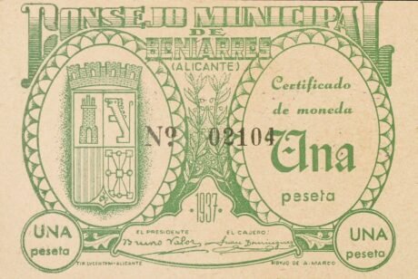 Аверс банкноты 1 peseta Beñares (Hiszpania) 1937