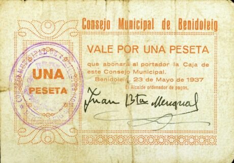 Аверс банкноты 1 peseta Benidoleig (Spain) 1937