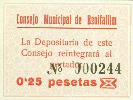 Аверс банкноты 0,25 песеты Бенифаллим (Испания)