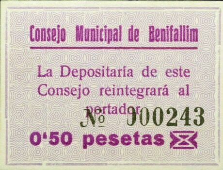 Аверс банкноты 0,50 песет Бенифаллим (Испания)