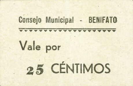 Аверс банкноты 25 centymów Benifato (Hiszpania)
