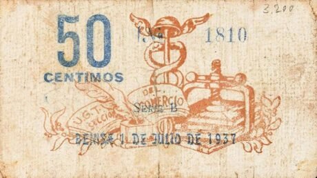 Реверс банкноты 50 centymów Benissy (Hiszpania) 1937