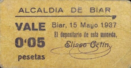 Аверс банкноты 0.05 peseta Biar (Spain) 1937