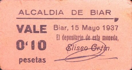 Аверс банкноты 0,10 peset Biar (Hiszpania) 1937
