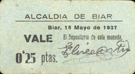 Аверс банкноты 0.25 peseta Biar (Spain) 1937