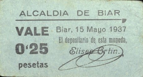 Аверс банкноты 0.25 peseta Biar (Spain) 1937