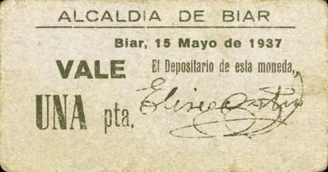 Аверс банкноты 1 peseta biar (Spain) 1937