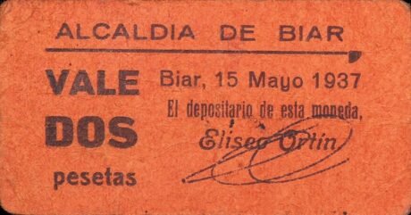 Аверс банкноты 2 песеты Биар (Испания) 1937 года