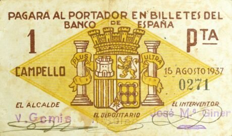 Аверс банкноты 1 peseta Campello (Hiszpania) 1937