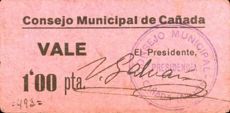 Аверс банкноты 1 peseta Cañada (Spain)